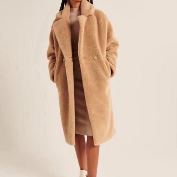 ABERCROMBIE & FITCH Oversized Long Length Sherpa Teddy Coat Tan S Small $180 NWT - Picture 2 of 10